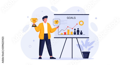 Man with Trophy Presenting Business Goals on Whiteboard with Upward Graph and Team Silhouette