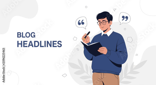 Man Writing Blog Headlines and Ideas in Notebook with Quote Bubbles - Vector Illustration
