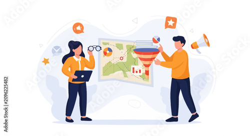 Marketing funnel concept illustration: people analyzing map and data with funnel, megaphone, and laptop