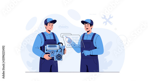 Mechanics Discussing Car Engine Repair and Diagnostics on Digital Tablet