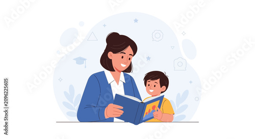 Mother Reading a Book to Her Child, Educational Concept Illustration