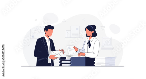 Office Collaboration: Man Delivers Mail to Woman Processing Documents, Modern Flat Vector Illustration