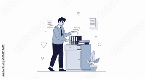 Office Worker Organizing Documents and Files Near Filing Cabinet, Vector Illustration