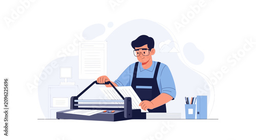 Office worker using a binding machine for documents, flat design illustration.