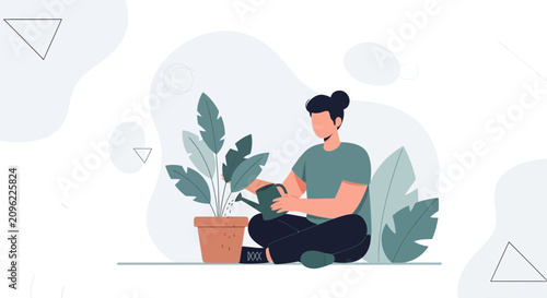 Person watering potted plant, flat vector illustration with minimalist abstract background, concept of growth and care