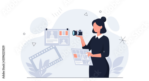 Photographer woman selecting images on tablet, holding camera. Vector illustration of creative process, portfolio review, photo editing, and content creation.