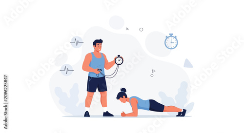 Personal Trainer Supervising Plank Exercise with Stopwatch and Heartbeat Monitor Graphics