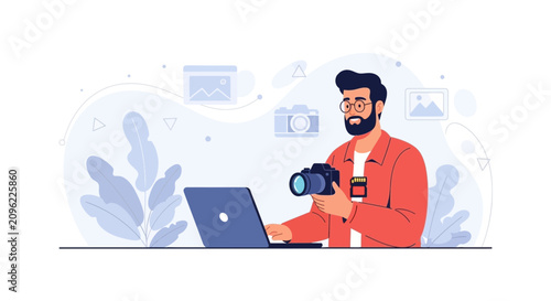 Photographer working on laptop with camera, editing photos in modern flat illustration style with plants and abstract shapes