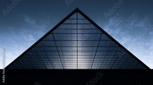 Modern glass pyramid building structure against a colorful evening sunset sky