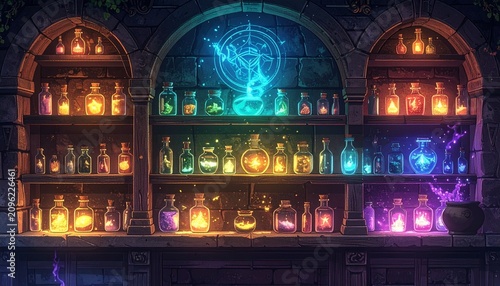 Magical Alchemist Potion Shop Shelves Featuring Glowing Colorful Elixirs and Enchanted Glass Bottles in a Dark Fantasy Library Setting