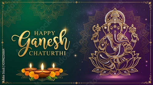 Happy Ganesh Chaturthi Vector Banner with Golden Lord Ganesha Line Art, Diya Lamps, and Mandala Background for Hindu Festival Greeting Design