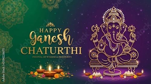 Happy Ganesh Chaturthi festival banner vector background with golden Lord Ganesha line art icon, diya oil lamps, modak sweets, and decorative mandala patterns for Vinayaka Chaturthi celebration greeti