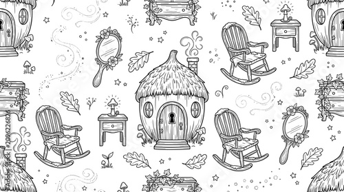 Schilderij op canvas Fairy Cottage Core Seamless Pattern Vector Illustration featuring Thatched Roof