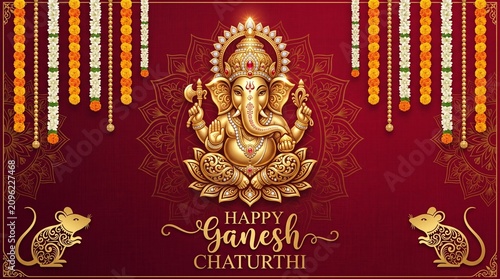 Golden Lord Ganesha Vector Illustration for Happy Ganesh Chaturthi Festival, Elegant Red and Gold Background with Marigold Flower Garlands, Mandala Art, and Mushak Mouse Vector Elements