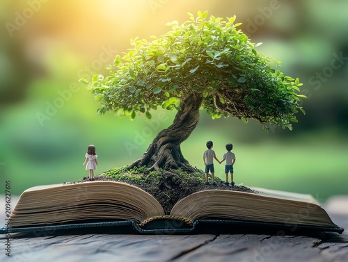 Miniature family standing together under bonsai tree on open book, holding hands, passing down family wisdom, concept of future generations, roots of legacy, symbolic photo