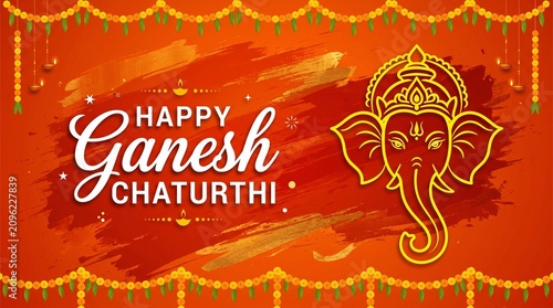 Happy Ganesh Chaturthi Vector Banner with Lord Ganesha Line Art, Hindu Festival Greeting Design with Marigold Garland and Diya on Orange Background
