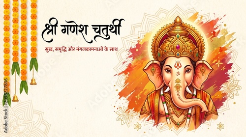Happy Ganesh Chaturthi Vector Illustration with Lord Ganesha Face, Marigold Flower Garland, and Hindi Calligraphy Greeting Text for Vinayaka Chaturthi Festival Banner
