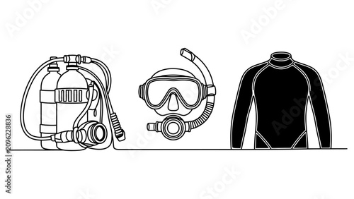 Φωτογραφία Scuba diving equipment set with oxygen tank mask snorkel and wetsuit in simple c