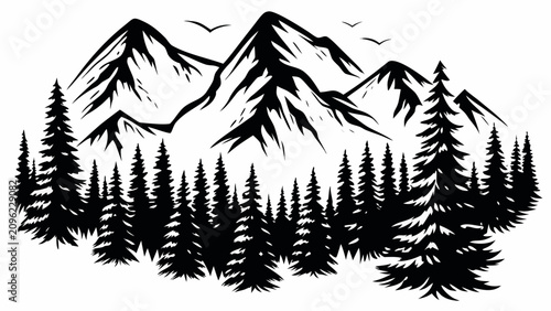 Mountain forest silhouette against a white background a bold black and white graphic depiction alpine ascent backdrop black and white cliff conifer