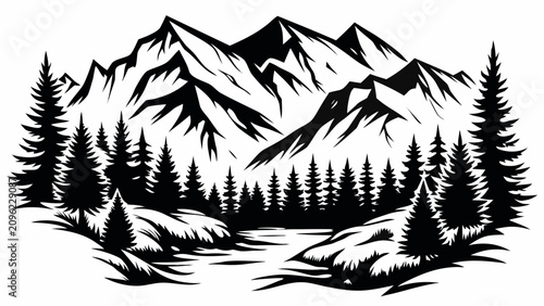 фотографія Mountain forest silhouette against a white background a graphic depiction of con