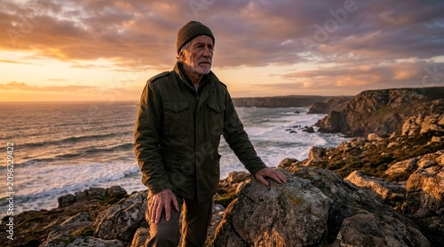 Man looking out at a dramatic coastal sunset