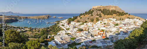 Fotografie Rhodes island with acropolis of Lindos town panorama vacation at the Aegean Sea