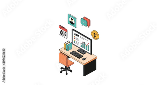 An isometric illustration of a modern digital office workspace with data icons
