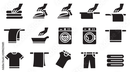 Laundry and ironing icons set featuring clothes folding and washing machine related items.