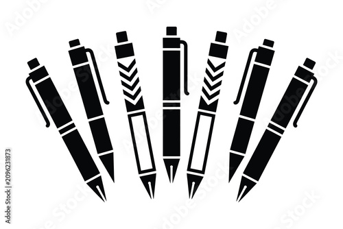 Billede på lærred A collection of black and white pens arranged in a fan shape on white background