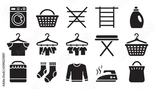 Fotografía Set of laundry icons isolated on transparent background washing machine clothes hamper detergent