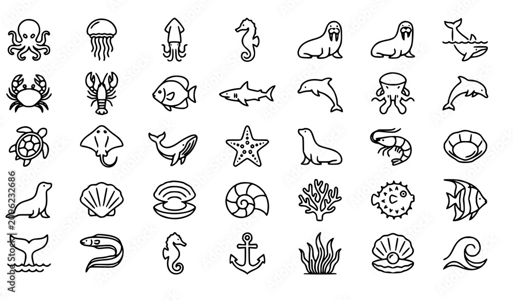 Fototapeta premium Ocean Wildlife and Marine Life Linear Icons Collection with Editable Outline Sea Creature Symbols