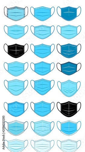 A collection of 16 various blue and black surgical face masks