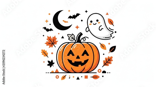 Cute Halloween Pumpkin and Ghost Flat Illustration