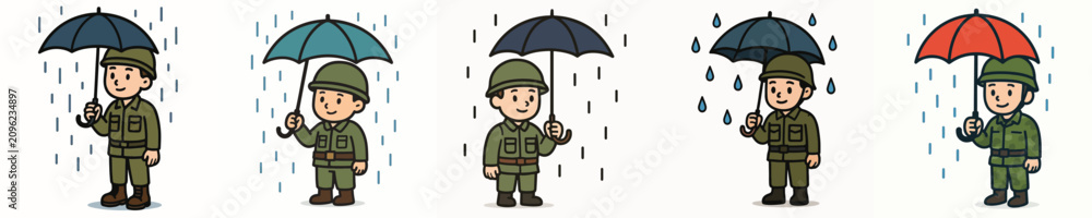 Fototapeta premium Set of vector illustrations of soldiers using umbrellas in the rain.