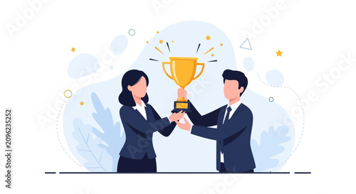 Teamwork and Success: Business People Sharing a Trophy Award in a Modern Flat Illustration Style