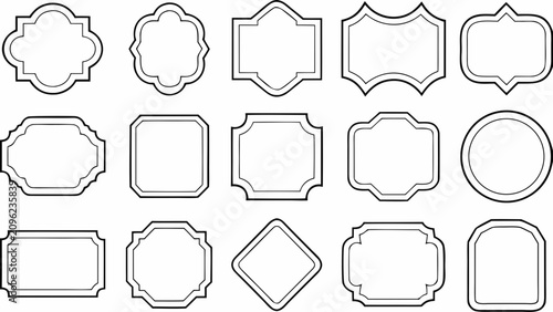 Collection of twenty one black and white ornate double line frame shapes on a white background border borders frames ornament