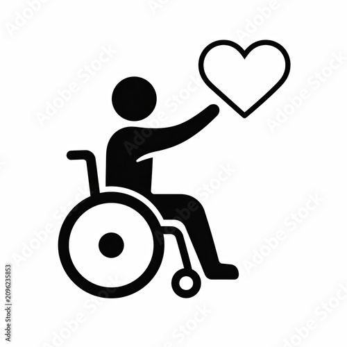 Person in wheelchair holding a heart shape icon representing care isolated on white background