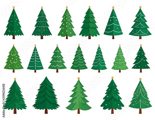 A collection of 18 illustrated Christmas trees in various shades of green