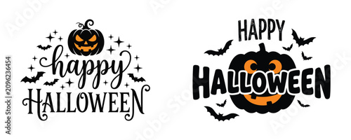 Happy Halloween typography. Pumpkin and bats design