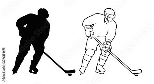 Canvas Print Ice Hockey Player Silhouette And Outline On White Background