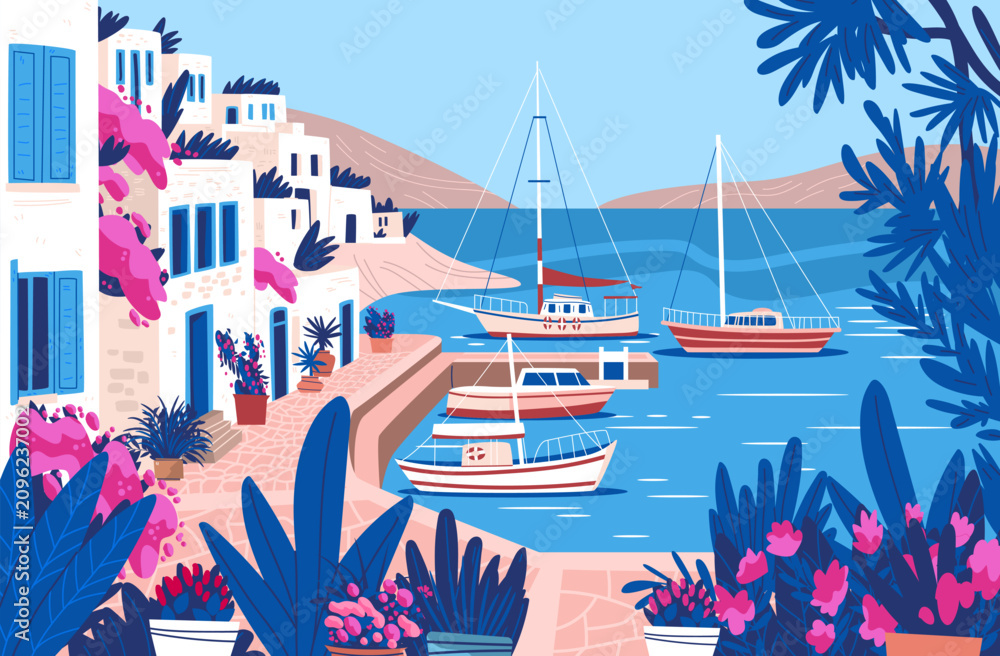 Fototapeta premium Bodrum Turkey Mediterranean harbor white houses yachts sea vibrant flowers coastal landscape blue pink plants scenic waterfront travel