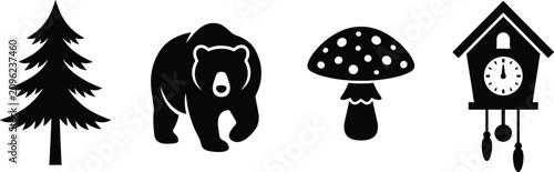Photos Black forest silhouettes set with pine tree, grizzly bear, mushroom and cuckoo c