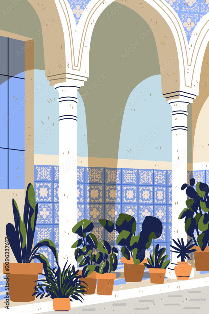 Obraz premium Spanish Azulejo tiles Spain traditional courtyard arches potted plants decorative blue ceramics Mediterranean architecture interior daylight