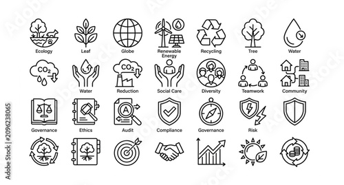 Modern ESG Outline Icon Pack with Sustainability Corporate Governance Ecology and Social Responsibility Symbols