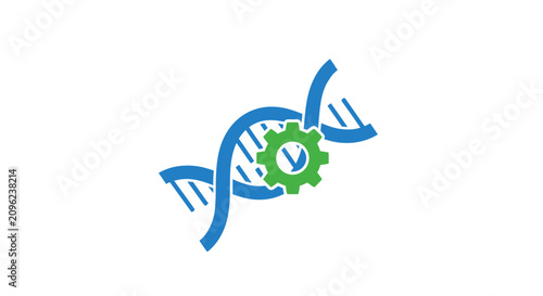 A blue double helix strand integrated with a green mechanical gear icon