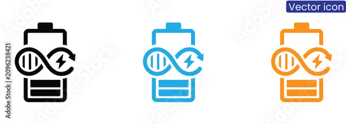 Battery with DNA on white background vector icon set in black blue and orange colors