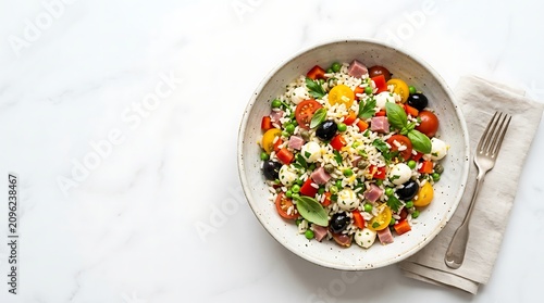 Fresh mixed vegetable salad in a bowl with a fork on the side. riso insalata