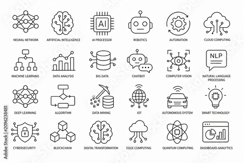 AI, Machine Learning, Data Science Icons, Vector Graphics, Technology Symbols, 25 Elements