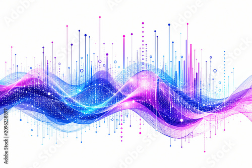 Abstract sound wave, colorful audio spectrum, purple blue pink waveform, digital equalizer