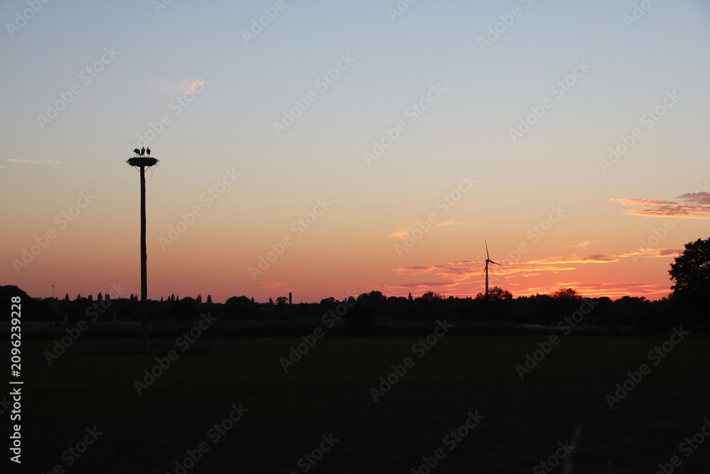 Obraz premium Storchennest und Windrad in der Abendsilhouette